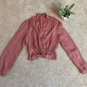 Lush Metallic Long Sleeve Twist Crop Top Pink